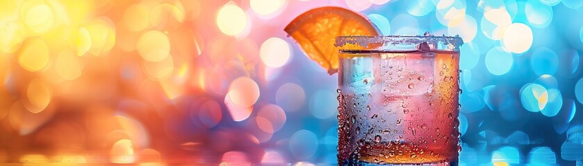 Condensation on glass with colorful blurred background. Hydration and summer concept for beverage ads and product placement