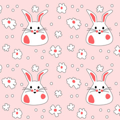 Seamless pattern with cute white rabbits with flowers. Easter bunnies for printing on childrens products, fabric and wallpaper on a pink background. Cartoon flat vector illustration.