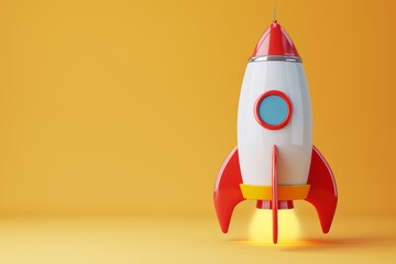 A red and white rocket is standing on a background