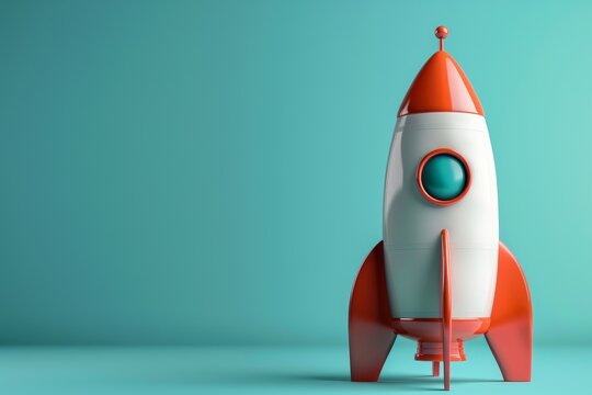A red and white rocket is standing on a blue background
