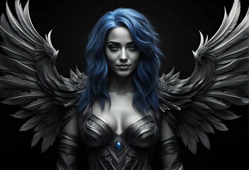 Illustration of a beautiful woman with blue hair and angel wings - obrazy, fototapety, plakaty