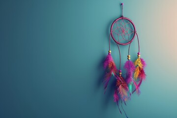 A dreamcatcher with feathers hanging from it - obrazy, fototapety, plakaty