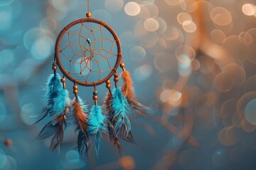 A dreamcatcher with feathers hanging from it - obrazy, fototapety, plakaty