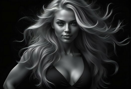 Black and white portrait of a beautiful blonde woman with long curly hair
