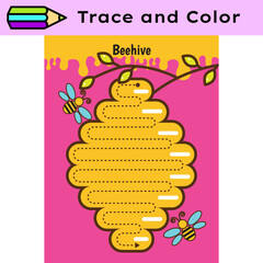 Pen tracing lines activity worksheet for children. Pencil control for kids practicing motoric skills. Beehive educational printable worksheet. Vector illustration.