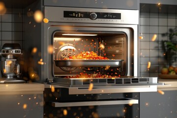 A microwave oven is opened and food is flying out of it - obrazy, fototapety, plakaty