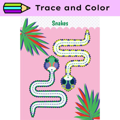 Pen tracing lines activity worksheet for children. Pencil control for kids practicing motoric skills. Snakes educational printable worksheet. Vector illustration.