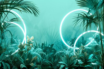 Neon light circles in tropical jungle,  Glowing neon lights background