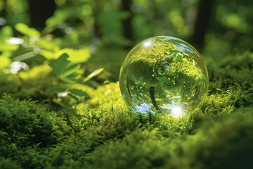 Crystal ball on moss in forest,  Selective focus,  Nature