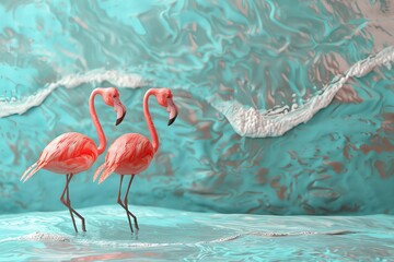 Two pink flamingos are walking in the water
