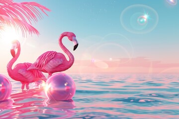 Fototapeta premium Two pink flamingos standing on a pink ball in the ocean
