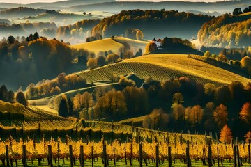 Splendid vineyards landscape in South Styria near Gamlitz. Autumn scene of grape hills in popular travell destination Eckberg. Location Gamlitz, district of Leibnitz in Styria, Austria. Europe . - obrazy, fototapety, plakaty