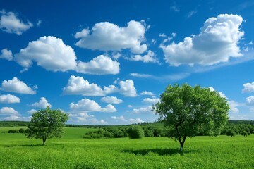 Fototapeta na wymiar Green meadow and blue sky with white clouds, Nature composition