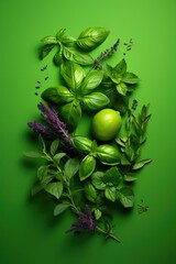 Various fresh aromatic herbs on green coloured background.
