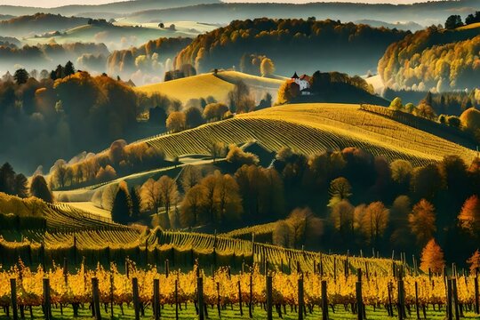 Splendid vineyards landscape in South Styria near Gamlitz. Autumn scene of grape hills in popular travell destination Eckberg. Location Gamlitz, district of Leibnitz in Styria, Austria. Europe .