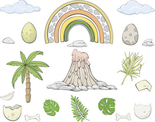 volcano, palm tree, rocks, rainbow. A set of hand-drawn illustrations on an isolated background. Vector set