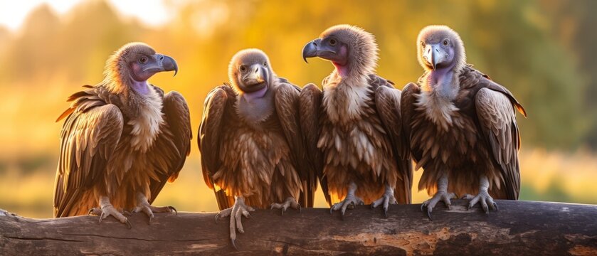 A group of vultures sit on a log waiting for opportunities
