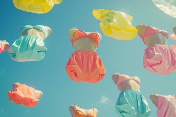 A bunch of colorful lingerie hanging in the air