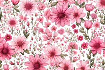 Pink floral / assorted pink flower border on white background