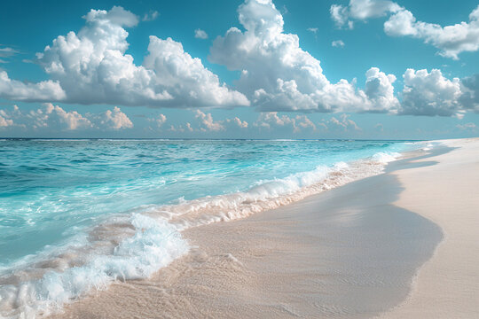 Photo of empty sandy beach with azure sea and small waves. Summer rest concept in exotic places