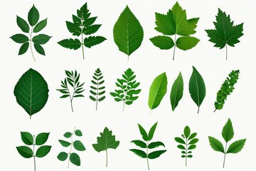 Set of various green leaves isolated on white background - obrazy, fototapety, plakaty