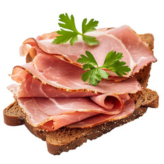 Pork ham slices on rye bread isolated on transparent background  - obrazy, fototapety, plakaty