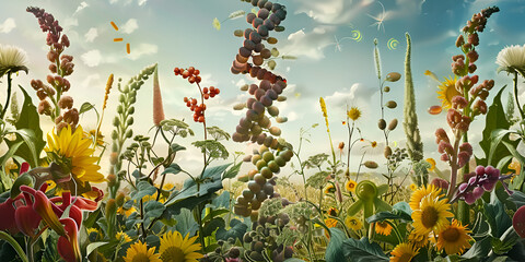  botonical Concept with fruits green DNA Double helix Bills, crop cultivation  Success, DNA Revolution: Genetic Engineering and Botanical Concepts for Agricultural Success - obrazy, fototapety, plakaty