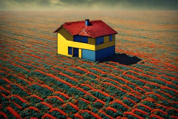 An unworldly and memetic single house, its primary colors stark against the surreal field surrounding it.