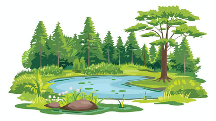 Summer forest with green trees and small lake Flat vector