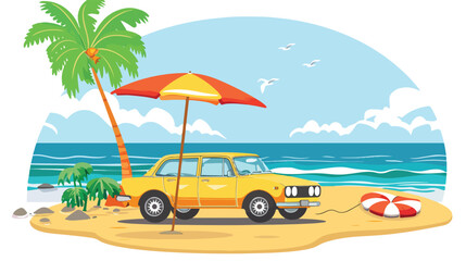 Summer holidays vector flat design beach with car  Fl