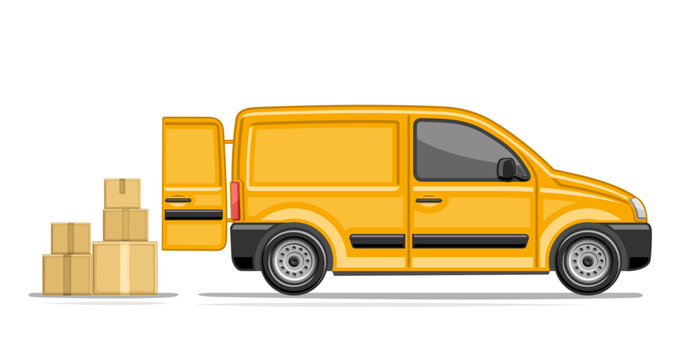 Vector illustration of Small Delivery Van, horizontal poster with profile side view commerce van with open back door and carton boxes stack, orange postal van with clear copy space on white background