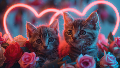 cute kittens in flowers on a background of neon hearts. Summer card.