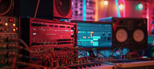 A music production studio bathed in colorful neon lights, featuring a range of electronic equipment...