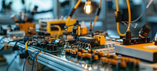 A sophisticated electronics laboratory setup featuring a circuit board, various electronic components, and diagnostic tools. The focus on selective components accentuates the complexity