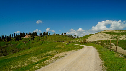 Panorama collinare della Val d'Orcia lungo il percorso ciclistico dell'Eroica. Provincia di Siena. Toscana , Italia - obrazy, fototapety, plakaty