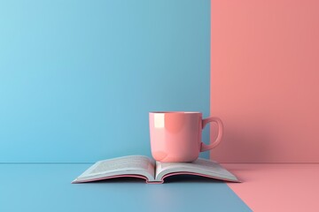 A pink mug sits on top of an open book