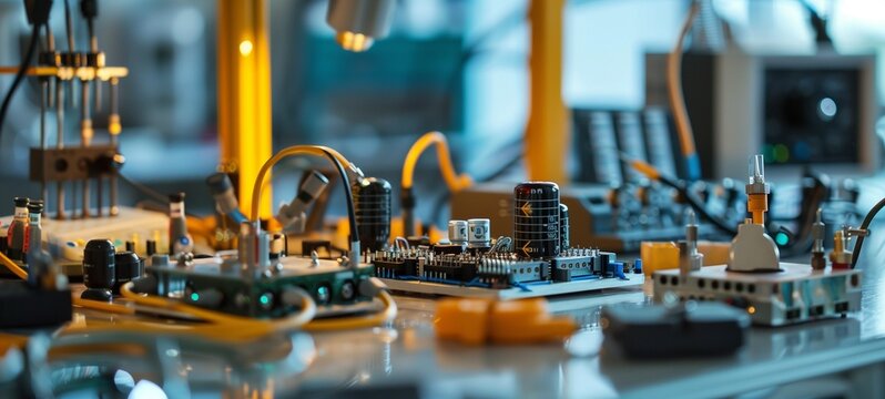An electronics workbench is densely populated with various components, from capacitors to microchips, amidst a web of connecting wires. The electronic testing equipment and tools.