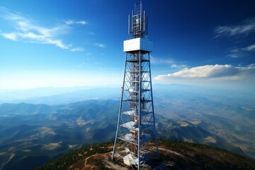 A picture of a cell phone tower against a backdrop of a clear blue sky. Suitable for telecommunications and technology-related projects