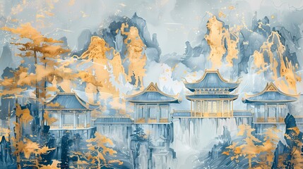 Fototapeta premium Chinese style architectural meticulous painting landscape abstract poster background