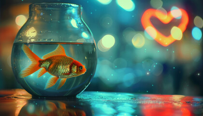 goldfish in a jar with a neon love heart. Summer fairytale card.