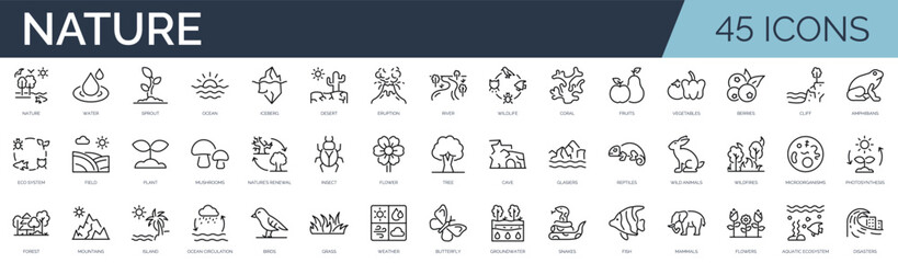 Set of 45 outline icons related to nature. Linear icon collection. Editable stroke. Vector illustration
