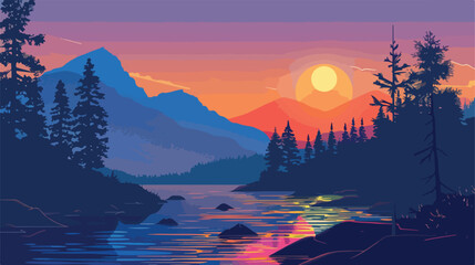 Sunset scene at river with mountain Flat vector isolated