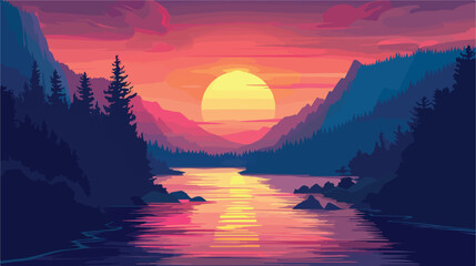 Sunset scene at river with mountain Flat vector isolated - obrazy, fototapety, plakaty