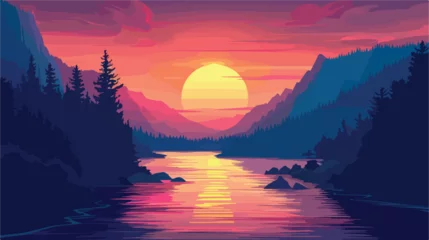 Poster Sunset scene at river with mountain Flat vector isolated © Megan