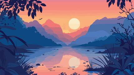 Sunset scene at river with mountain Flat vector isolated