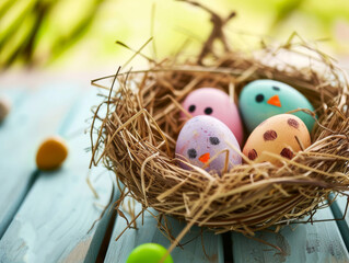 Easter eggs in a colorful nest on a rustic wooden table. Perfect for Easter celebrations or spring displays