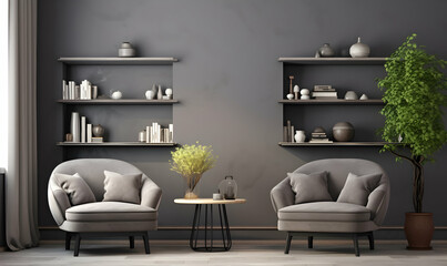 Living room interior with armchairs and bookshelf, 3d render