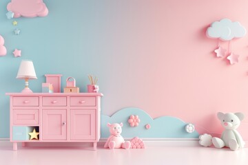 A pink and blue room with a pink dresser and a pink and blue wall