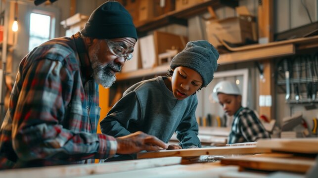 An experienced carpenter mentors young apprentices in a woodworking workshop, teaching the craft and use of tools. A moment of hands-on learning and intergenerational skill transfer