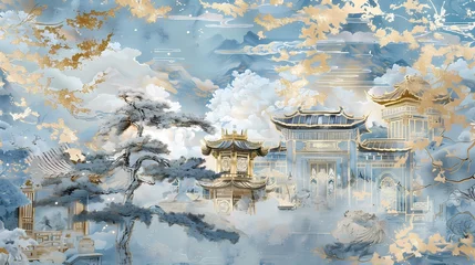 Ingelijste posters Chinese style architectural meticulous painting landscape abstract poster background © jinzhen
